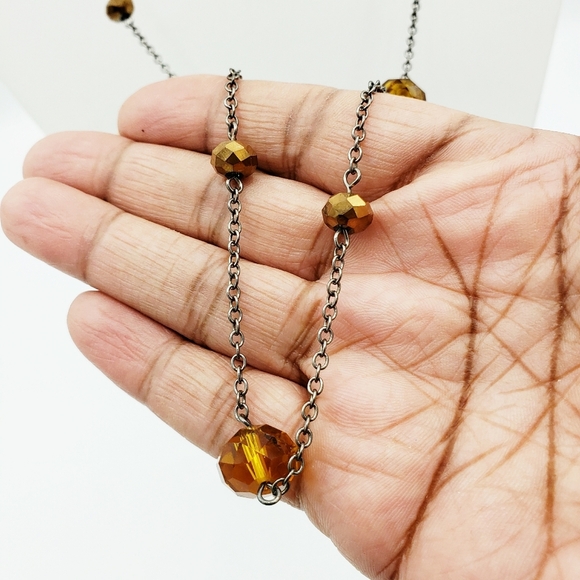 Dainty Long Necklace | Dark Chain Amber-tone Beads - Picture 4 of 8